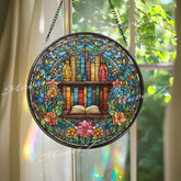 Bookshelf Stained Glass Suncatcher, Round Colorful Book Window Panel with Floral Border, Literary Home Decor Gift for Book Lovers